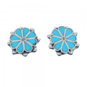 Zuni Turquoise Inlay Flower Sterling Silver Post Stud Earrings JX122288