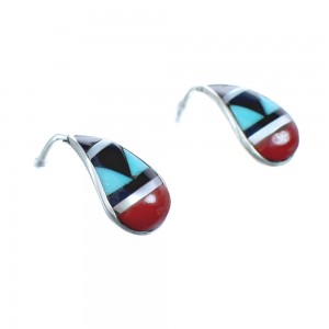 Zuni Authentic Sterling Silver Multicolor Inlay Post Hoop Earrings JX122295