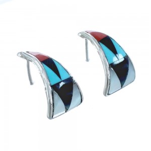 Authentic Sterling Silver Multicolor Inlay Zuni Post Hoop Earrings JX122285