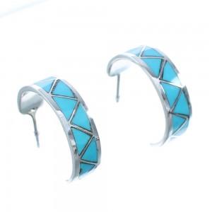 Zuni Turquoise Inlay Genuine Sterling Silver Post Hoop Earrings JX122300