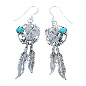 Navajo Authentic Sterling Silver Turquoise Eagle Feather Hook Dangle Earrings JX122251
