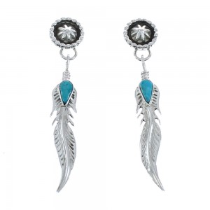 Turquoise Sterling Silver Native American Feather And Flower Post Dangle Earrings JX122257