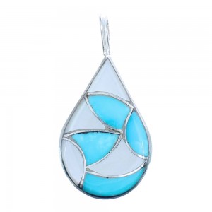Native American Zuni Turquoise Mother of Pearl Tear Drop Sterling Silver Pendant JX122783