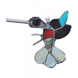 Zuni Authentic Sterling Silver Multicolor Hummingbird Pin Pendant JX122745