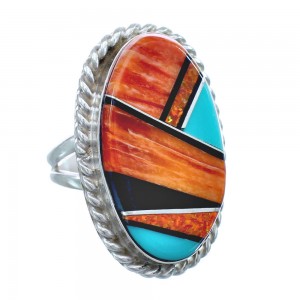 Native American Sterling Silver Multicolor Inlay Ring Size 8-1/4 AX123195