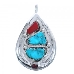 Native American Zuni Turquoise Coral Sterling Silver Snake Pendant JX123077
