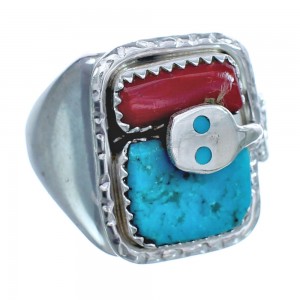 Zuni Turquoise Coral Authentic Sterling Silver Snake Ring Size 9 AX123309