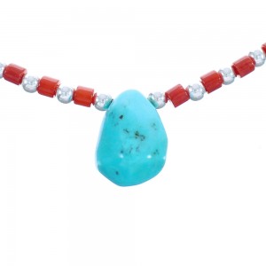 Navajo Sterling Silver Kingman Turquoise And Coral Bead Necklace AX123536
