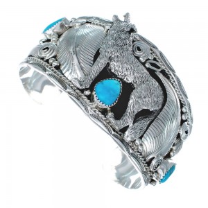 Navajo Sterling Silver Turquoise Wolf Leaf Cuff Bracelet AX123791