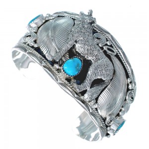Navajo Sterling Silver Turquoise Wolf Leaf Cuff Bracelet AX123792