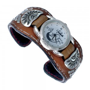 Native American Navajo Leather Sterling Silver Kokopelli Cuff Watch JX123826