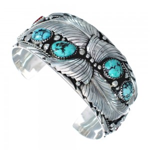 Native American Coral Turquoise Scalloped Leaf Sterling Silver Cuff Bracelet AX123867