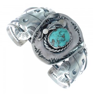 Authentic Sterling Silver Navajo Cow Skull Turquoise Cuff Bracelet AX123865