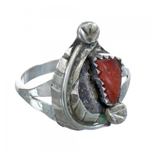 Zuni Coral Genuine Sterling Silver Leaf Ring Size 8-1/4 AX123941