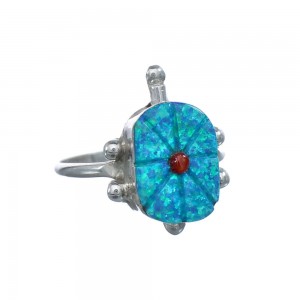 Native American Coral and Blue Opal Sterling Silver Turtle Ring Size 8 JX124211