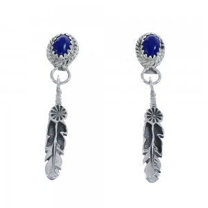 Native American Navajo Sterling Silver Lapis Feather Post Dangle Earrings AX124255