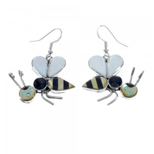 Native American Zuni Multicolor Bee Sterling Silver Hook Dangle Earrings JX124267
