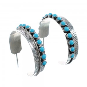 Native American Feather Turquoise Genuine Sterling Silver Post Hoop Earrings JX124298