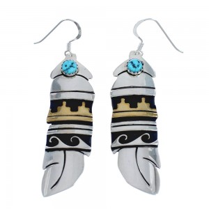 Native American Sterling Silver 12 Karat Gold Filled And Turquoise Water Wave Hook Dangle Earrings JX124300