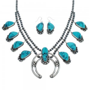 Turquoise Sterling Silver Navajo Naja Squash Blossom Necklace Set AX124628