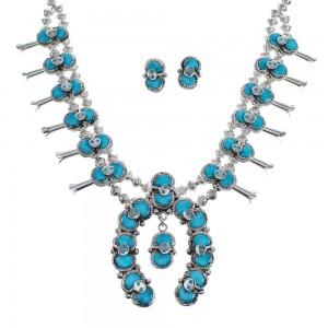 Zuni Turquoise Snake Squash Blossom Necklace And Earrings Set AX124758