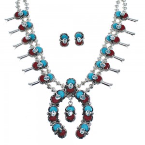 Zuni Turquoise And Coral Snake Squash Blossom Necklace And Earrings Set AX124759
