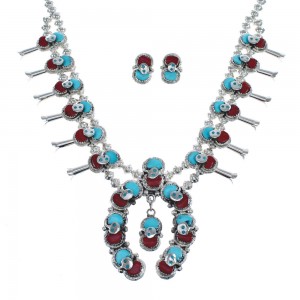 Zuni Turquoise And Coral Snake Squash Blossom Necklace And Earrings Set AX124760
