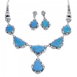 Navajo Blue Opal And Sterling Silver Link Necklace And Earrings Set AX124751