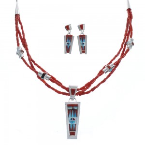 Zuni Indian Multicolor Sterling Silver 3-Strand Bead Necklace And Earrings Set AX124746