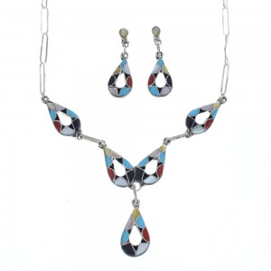 Zuni Multicolor Sterling Silver Link Teardrop Necklace And Earrings Set AX124747
