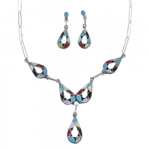 Zuni Multicolor Sterling Silver Link Teardrop Necklace And Earrings Set AX124749