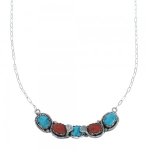 Turquoise And Coral Sterling Silver Zuni Effie Calavaza Snake Necklace AX124753