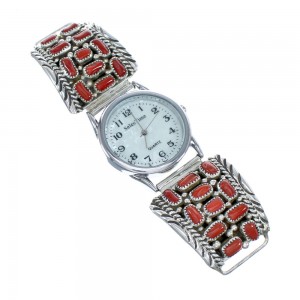 Navajo Genuine Sterling Silver Coral Stone Watch JX124980