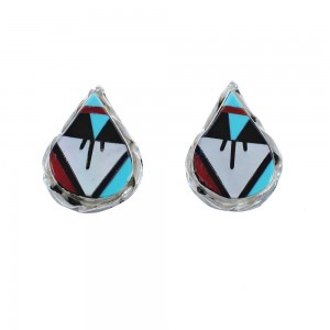 Zuni Multicolor Inlay Tear Drop Sterling Silver Post Earrings AX125099