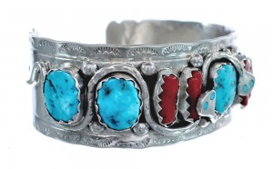 Turquoise And Coral Zuni Silver Effie Calavaza Snake Bracelet JX125223