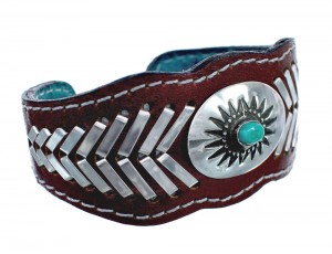 Authentic Turquoise Sterling Silver Leather American Indian Cuff Bracelet JX125226