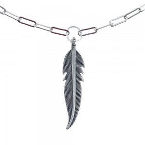 Native American Sterling Silver Feather Pendant Chain Necklace JX125526