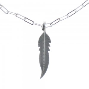 Native American Sterling Silver Feather Pendant Chain Necklace JX125504