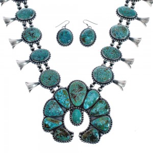 Kingman Turquoise Sterling Silver Navajo Naja Squash Blossom Necklace And Earrings Set AX125648