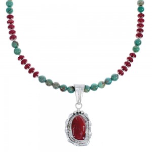 Native American Navajo Turquoise Coral Bead Pendant Sterling Silver Necklace JX126575
