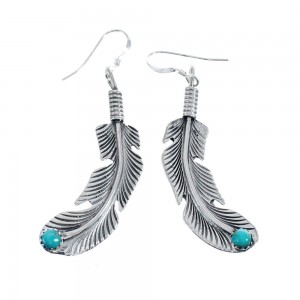 Native American Turquoise Sterling Silver Feather Hook Dangle Earrings AX125988