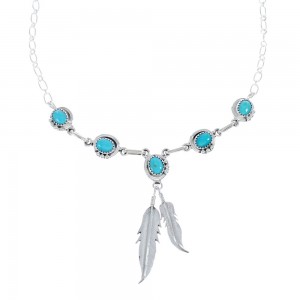 Navajo Turquoise Genuine Sterling Silver Feather Link Necklace JX125860