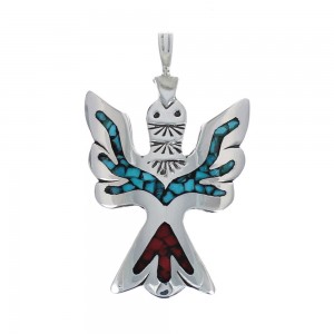 Turquoise and Coral Inlay Genuine Sterling Silver Navajo Thunderbird Pendant JX126379