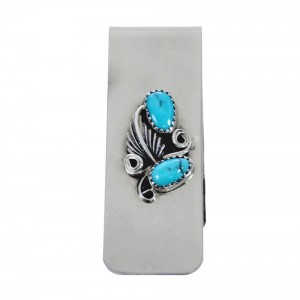 Turquoise Scalloped Leaf Sterling Silver Navajo Money Clip JX126386