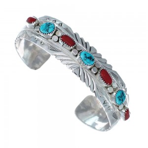 Navajo Turquoise And Coral Sterling Silver Cuff Bracelet AX126720