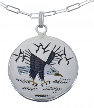 Navajo Multicolor Eagle Pendant Inlay Sterling Silver Necklace JX126858