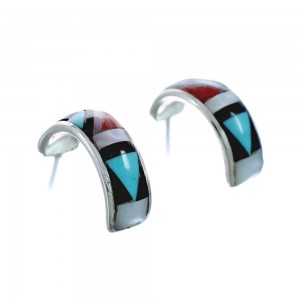 Multicolor Inlay Zuni Indian Sterling Silver Post Hoop Earrings AX127594