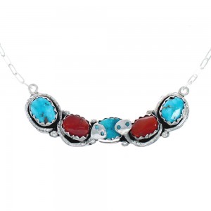 Turquoise And Coral Sterling Silver Zuni Effie Calavaza Snake Necklace JX127818