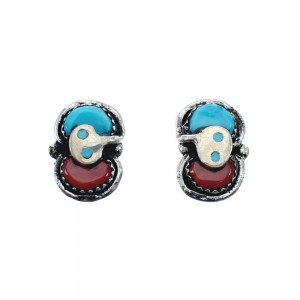 Turquoise Coral Zuni Effie Calavaza Silver Snake Post Earrings JX127918