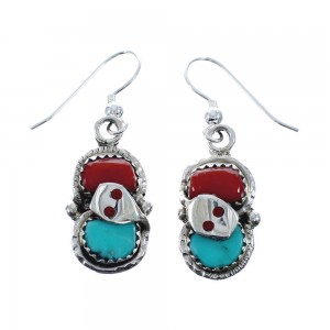 Turquoise And Coral Snake Sterling Silver Zuni Effie Calavaza Hook Dangle Earrings JX127864